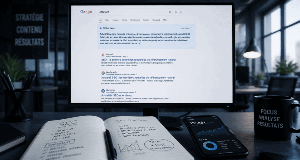Actu SEO IA sur écran avec Google AI Overviews