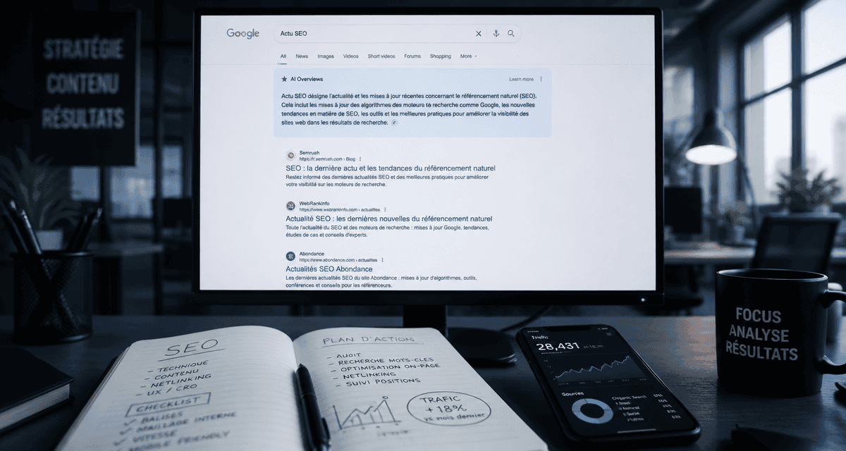 Actu SEO IA sur écran avec Google AI Overviews