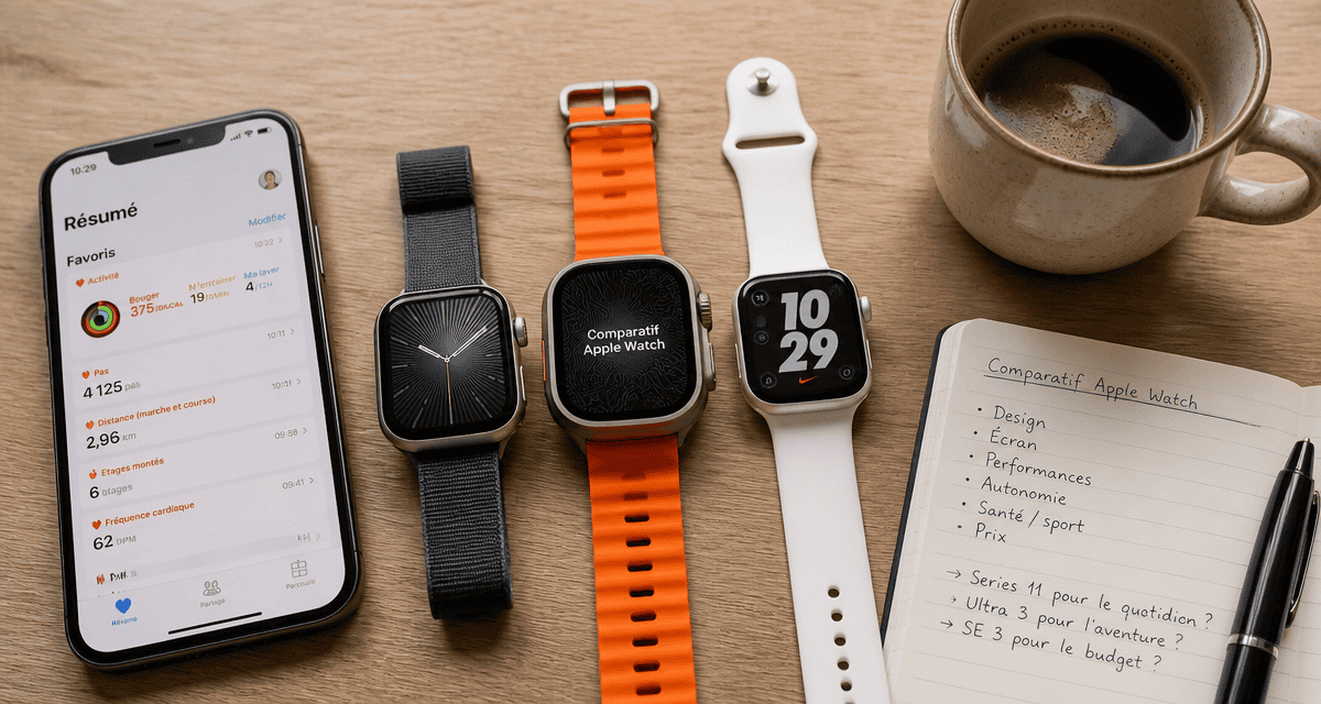 avis sur apple watch series 11 ultra 3 se 3 côte à côte sur table