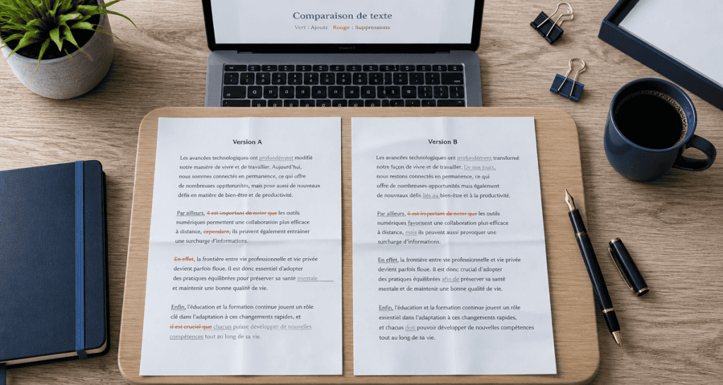 comparaison de texte avec annotations sur bureau