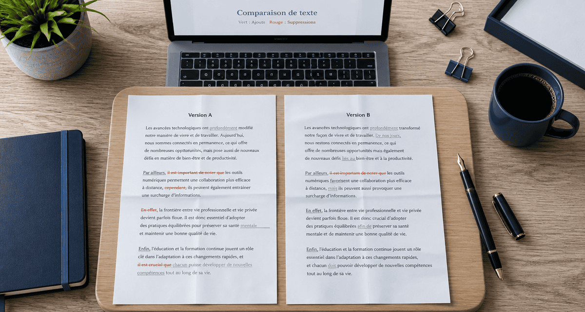 comparaison de texte avec annotations sur bureau