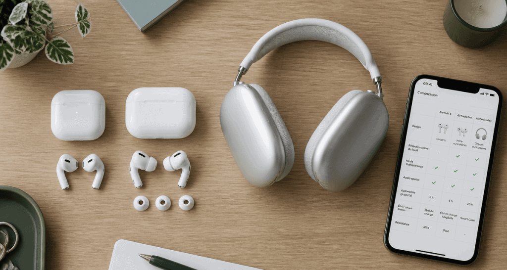 Comparatif AirPods, AirPods 4, Pro 3 et Max côte à côte