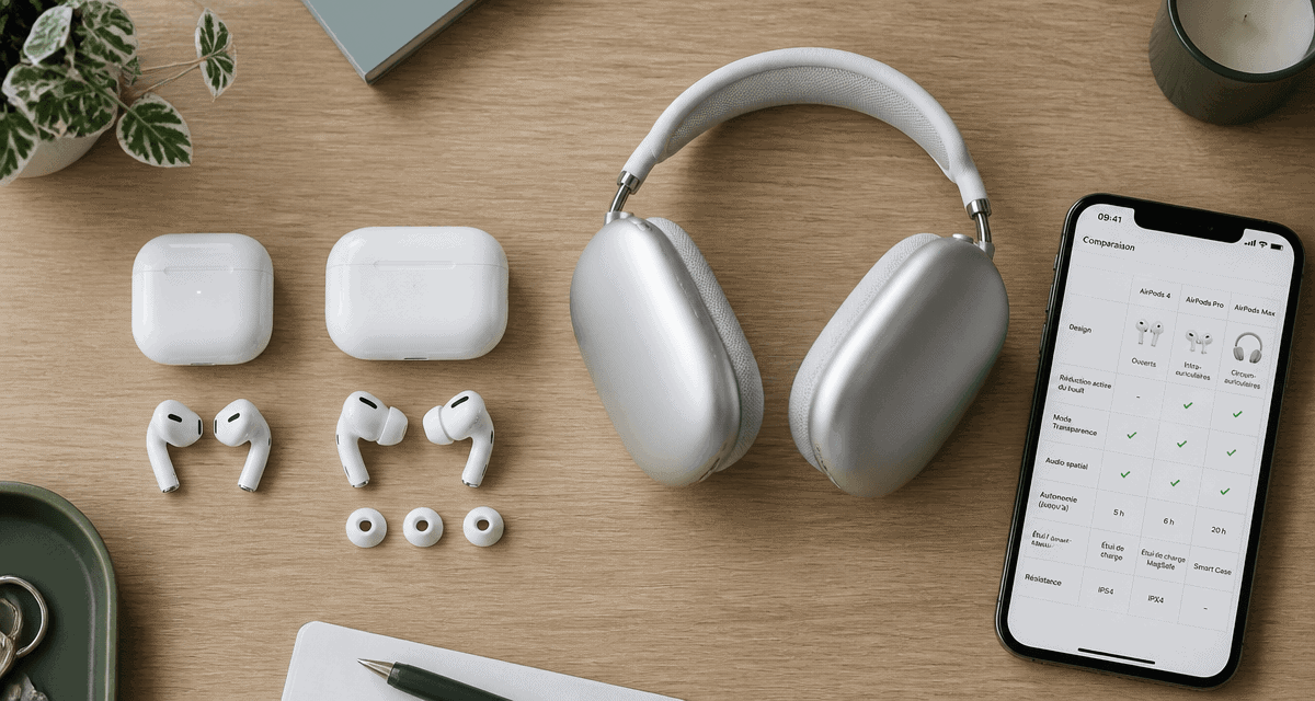 Comparatif AirPods, AirPods 4, Pro 3 et Max côte à côte