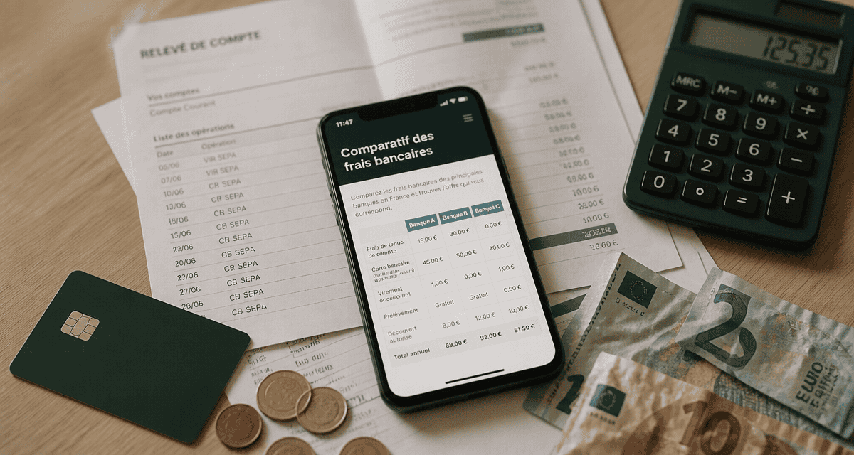 Comparatif des frais bancaires sur table bois avec calculatrice et smartphone