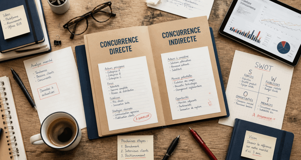 Bureau avec dossiers concurrent direct et indirect