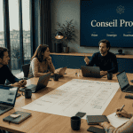 Réunion conseil product management en salle moderne