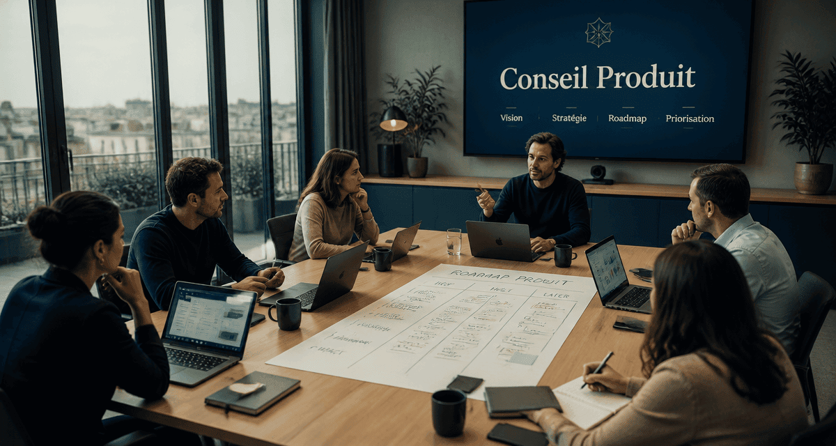 Réunion conseil product management en salle moderne