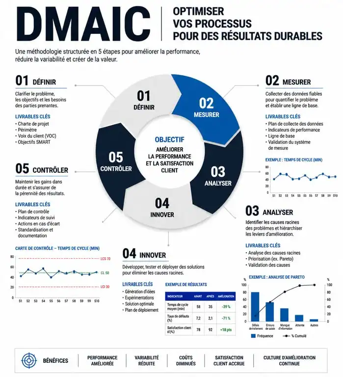 Infographie du cycle DMAIC pour optimiser les processus métier en entreprise