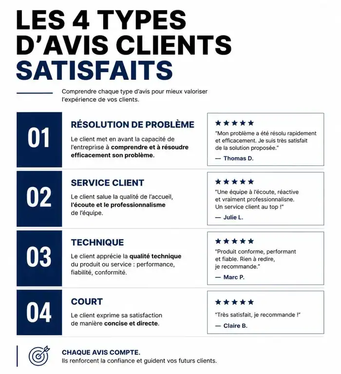 Infographie des 4 types d'exemples avis client satisfait pour améliorer la preuve sociale