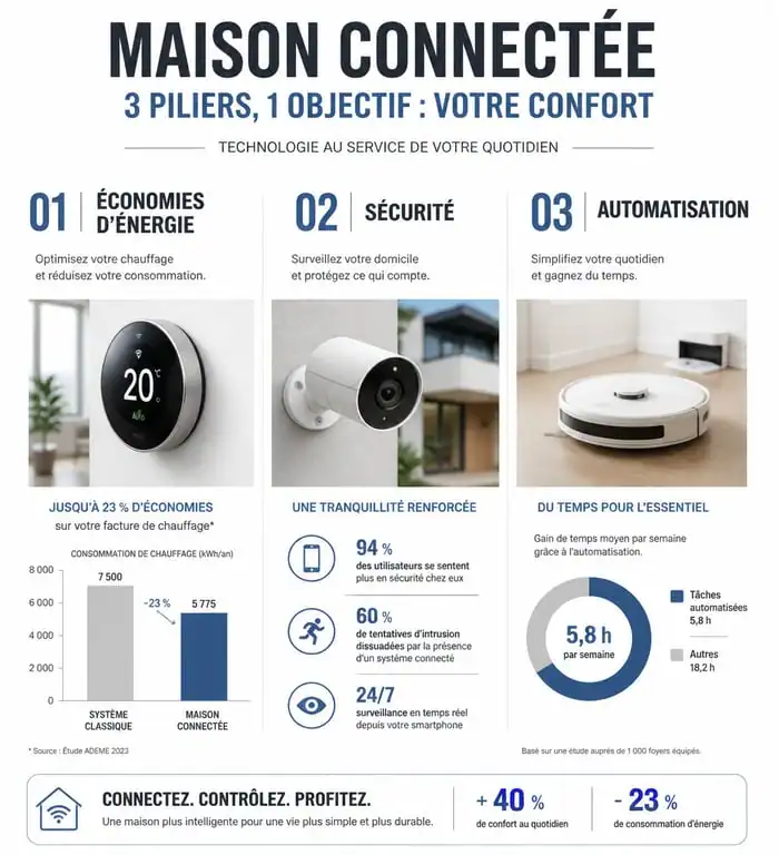 Infographie des piliers d'une maison avec appareil intelligent : sécurité, énergie et automatisation.