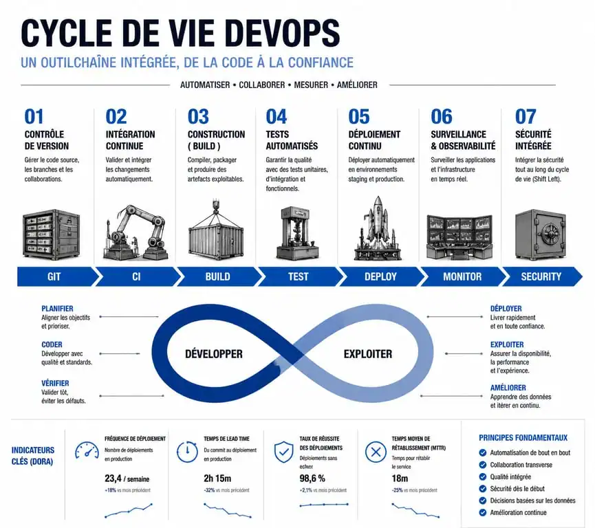 Infographie des outils DevOps : cycle de vie CI/CD, IaC et monitoring