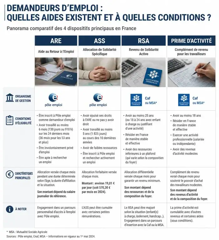 Infographie comparative des aides pour les demandeurs d'emploi en France : ARE, ASS, RSA et Prime d'activité
