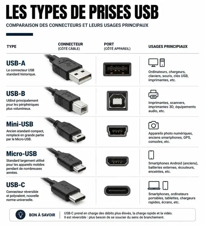 Infographie comparative des différents types de prises USB et leurs usages