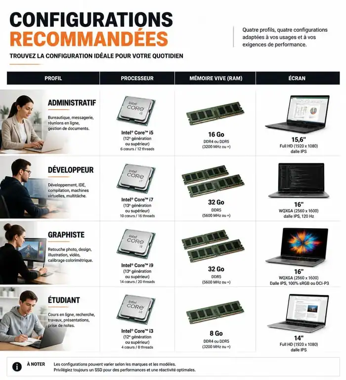 Infographie comparative des configurations d'ordinateur portable pour travailler selon le profil professionnel