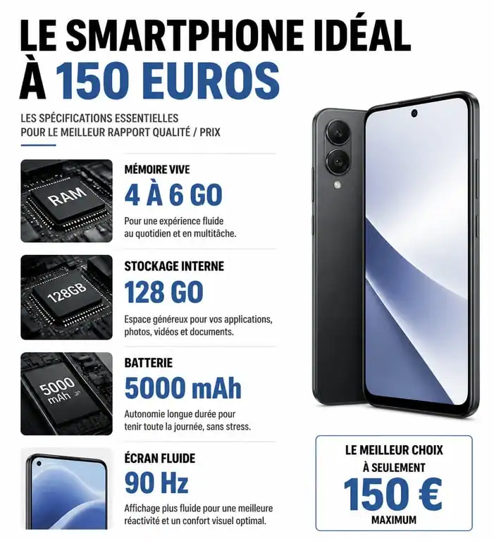 Infographie des caractéristiques techniques recommandées pour un smartphone à 150 euros