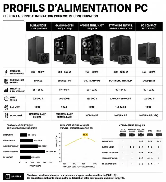 Infographie comparative des alimentations PC par profil d'usage et puissance