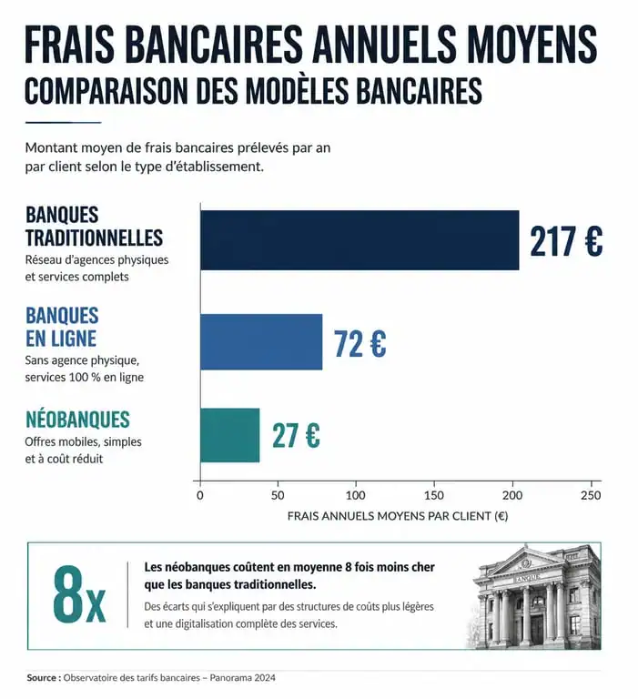 Infographie comparative des frais bancaires annuels par type d'établissement : banque traditionnelle, banque en ligne et néobanque.