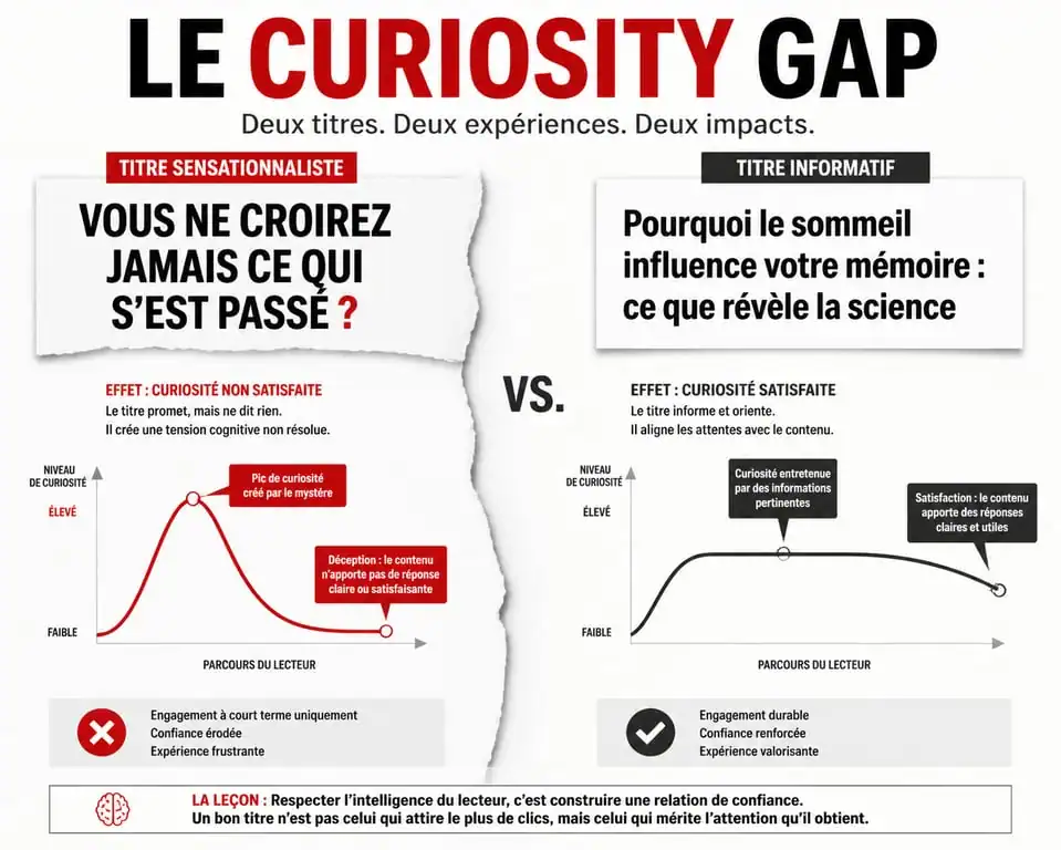 Schéma illustrant le mécanisme du Curiosity Gap dans les titres clickbait