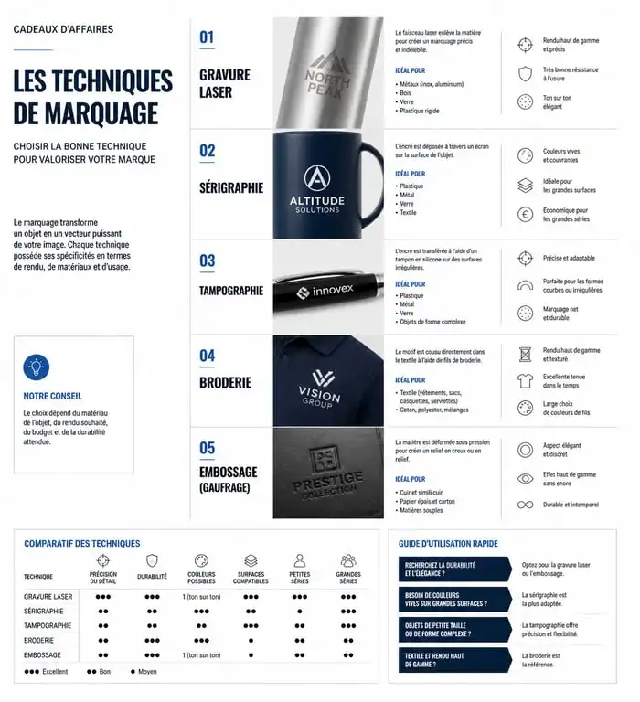 Infographie des techniques de marquage pour idée cadeau pour client