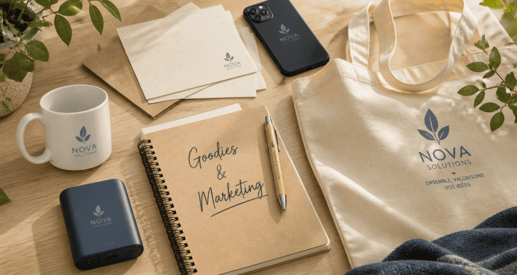 Goodies définition : objets publicitaires sur table