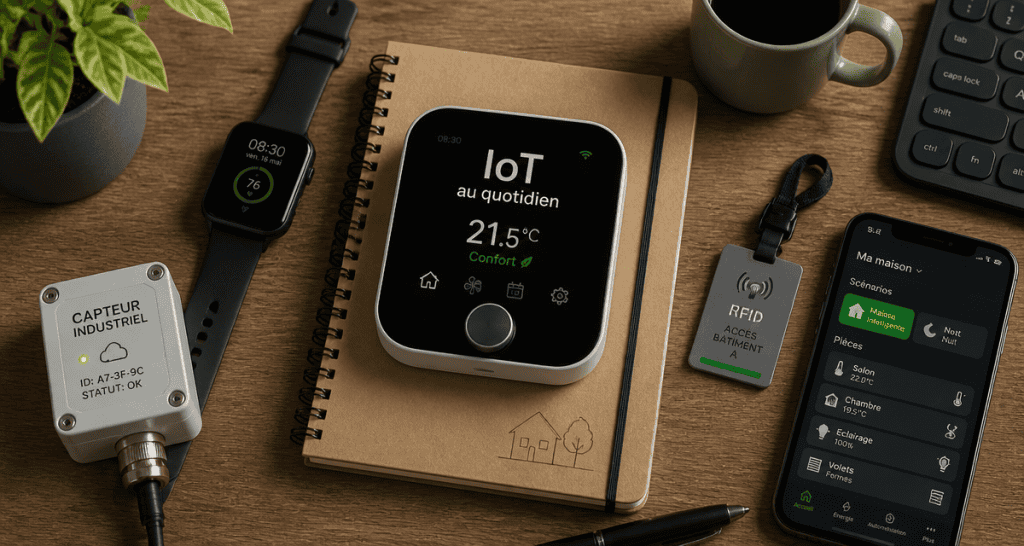 iot exemple avec objets connectés sur un bureau