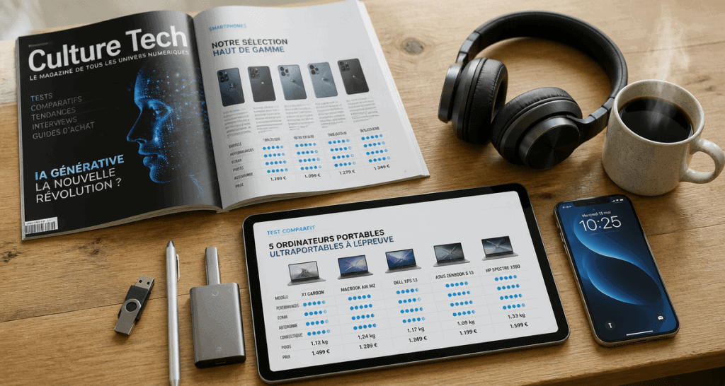 magazine high tech ouvert avec accessoires