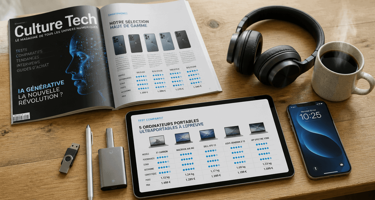 magazine high tech ouvert avec accessoires