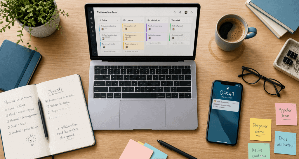 Outils collaboratif sur bureau avec Kanban et smartphone