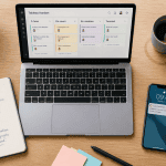 Outils collaboratif sur bureau avec Kanban et smartphone