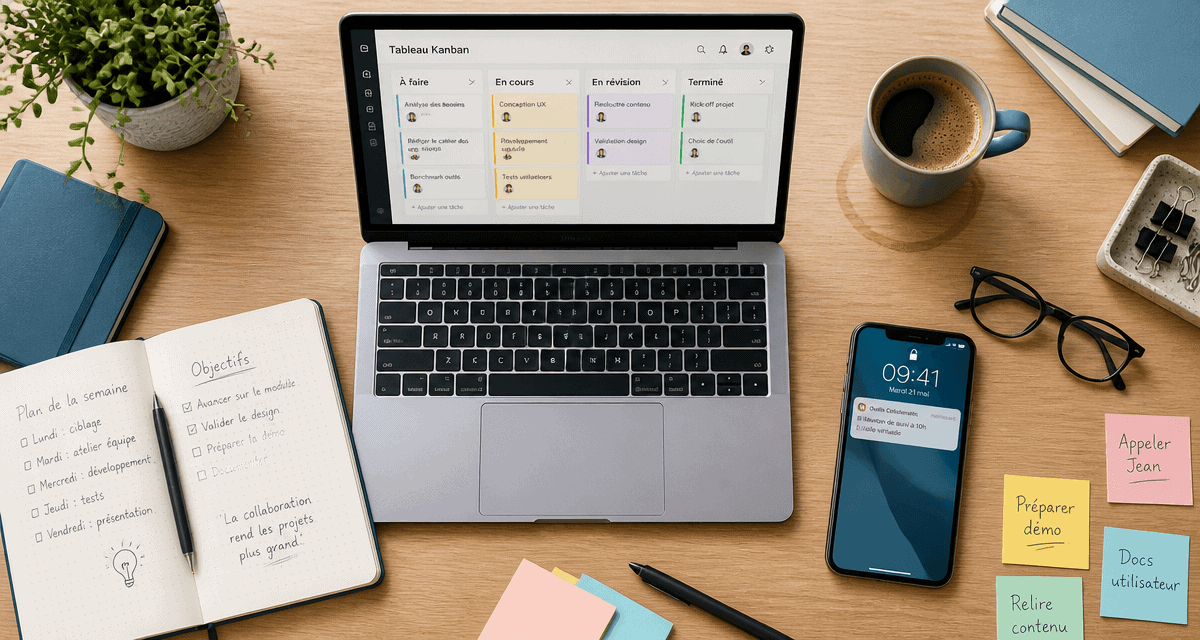 Outils collaboratif sur bureau avec Kanban et smartphone