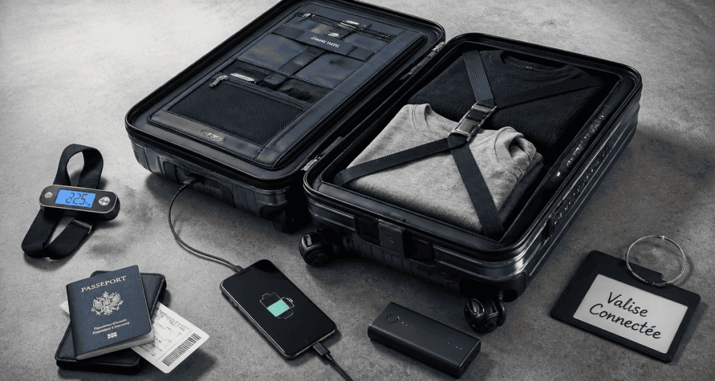 valise intelligente ouverte à l'aéroport avec batterie amovible