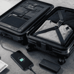 valise intelligente ouverte à l'aéroport avec batterie amovible
