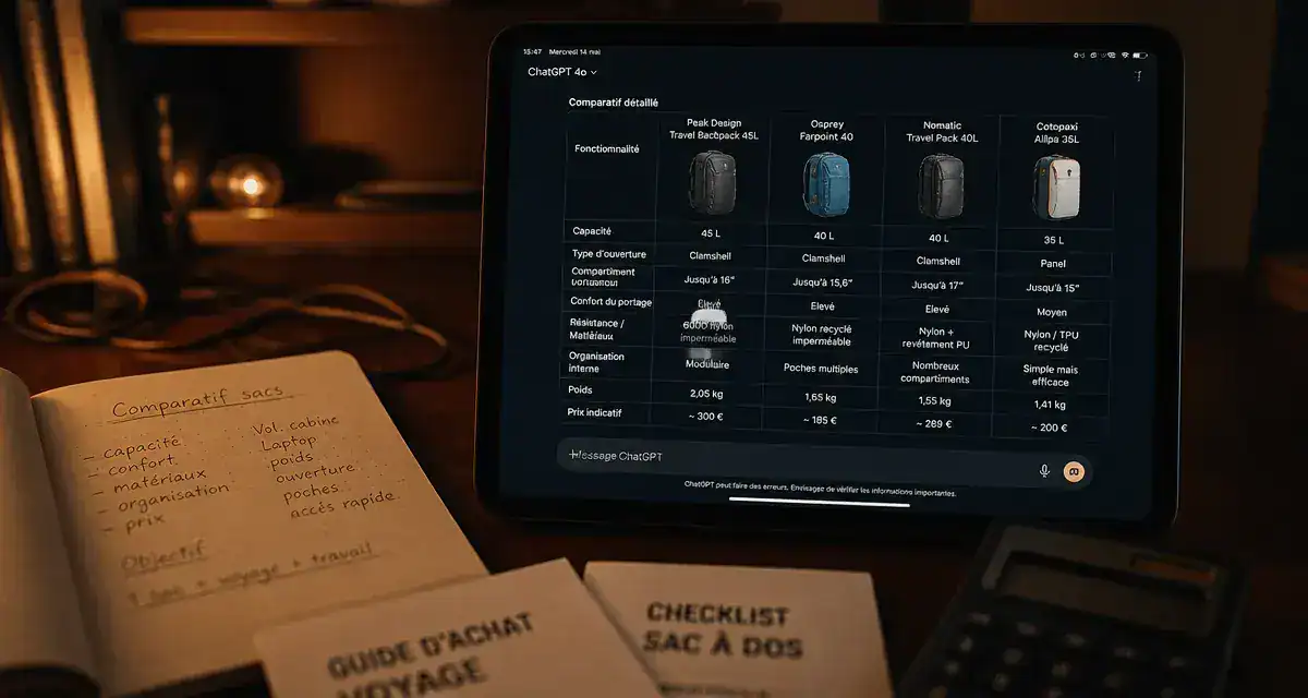 ChatGPT shopping : comparaison de produits sur tablette avec interface IA
