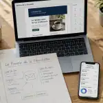 bureau avec ordinateur et une newsletter à l'écran