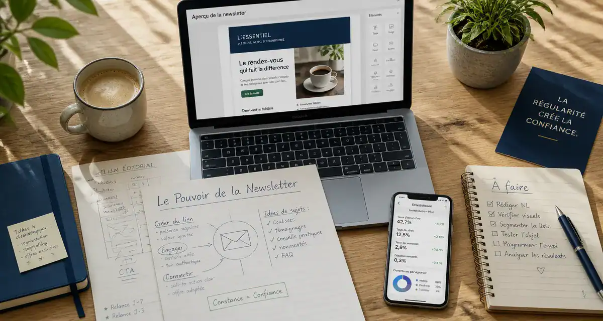 bureau avec ordinateur et une newsletter à l'écran