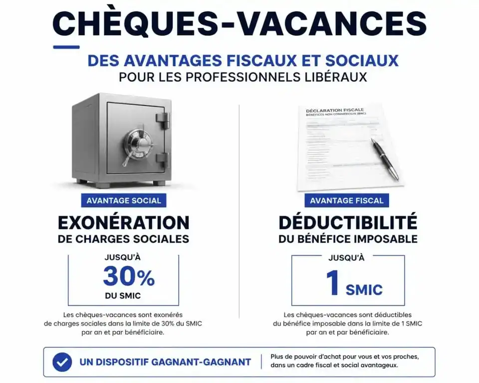 Infographie des avantages fiscaux et sociaux des chèques-vacances pour profession libérale