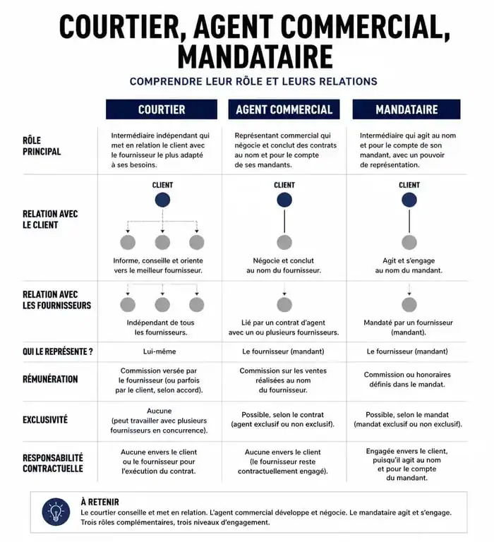 Infographie comparative des rôles : courtier, agent et mandataire pour comprendre le courtage