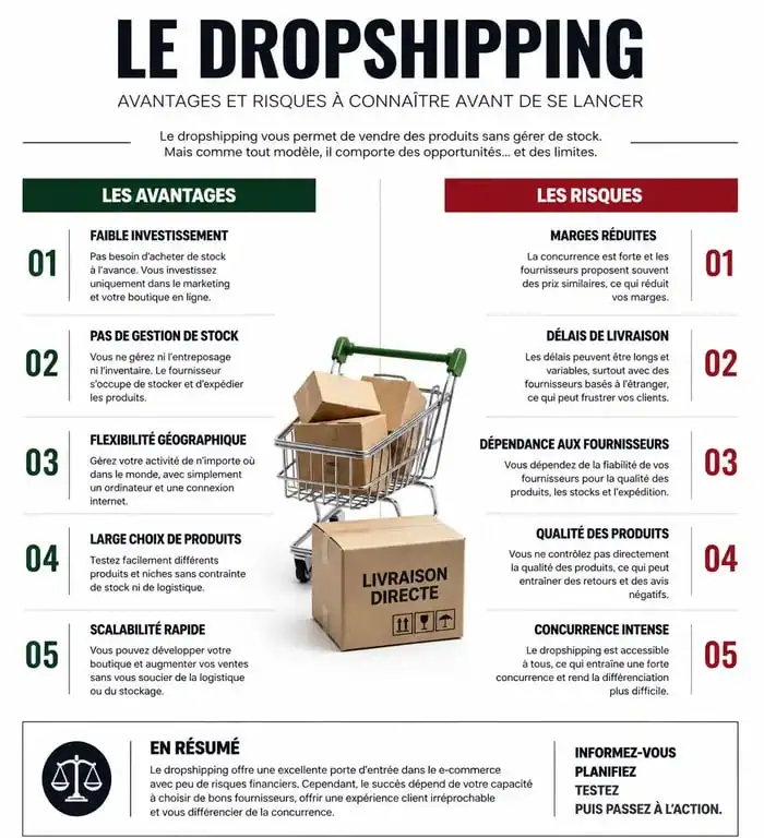 Infographie comparative des avantages et risques du dropshipping avis