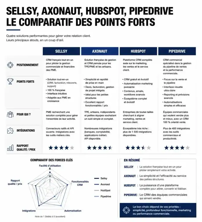 Comparatif des logiciels CRM Sellsy, Axonaut, HubSpot et Pipedrive pour aider à choisir selon ses besoins professionnels