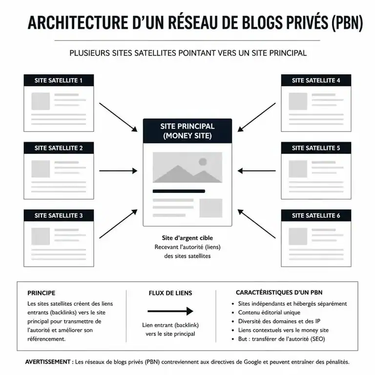 Schéma explicatif du fonctionnement d'un PBN SEO avec sites satellites et money site