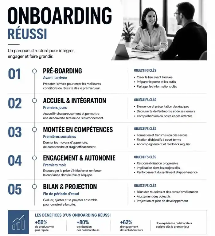 Infographie des étapes clés d'un processus d'onboarding exemple pour réussir l'intégration des collaborateurs.