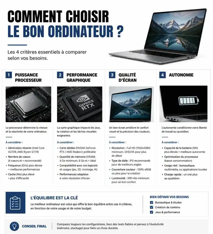 Infographie comparative des critères pour choisir le meilleur PC au monde en 2026