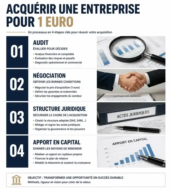 Processus de rachat d'une entreprise à 1 euro : étapes clés pour sécuriser la reprise
