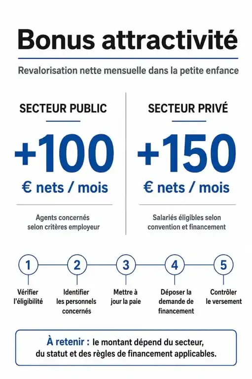 Infographie récapitulative du bonus attractivité pour les professionnels de la petite enfance : montants et démarches.
