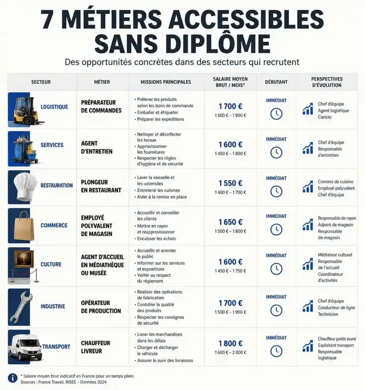 Tableau comparatif des métiers accessibles sans diplôme pour trouver un travail facile