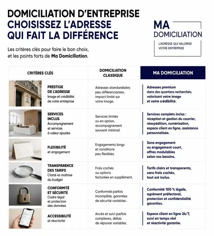 Infographie comparative des services de domiciliation d'entreprise pour choisir Ma Domiciliation