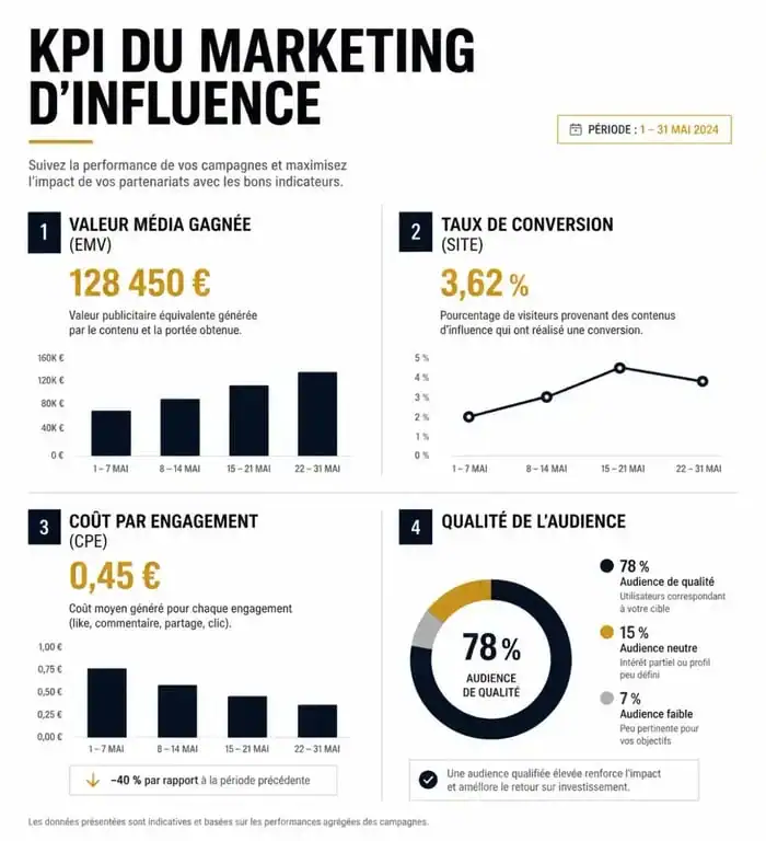 Infographie des indicateurs clés de performance (KPI) pour le marketing d'influence avec Upfluence