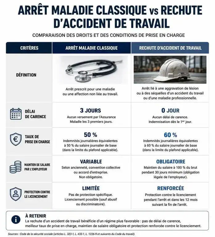 Tableau comparatif entre arrêt maladie classique et rechute accident de travail pour comprendre les délais et droits
