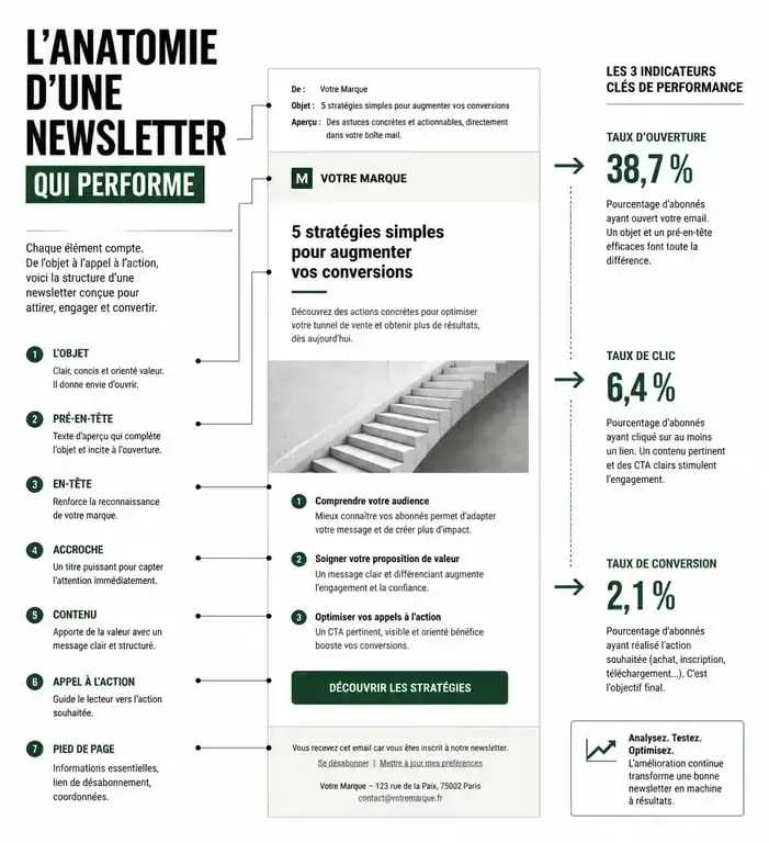 Infographie sur l'anatomie d'une newsletter performante et les indicateurs clés de succès pour une newsletter.