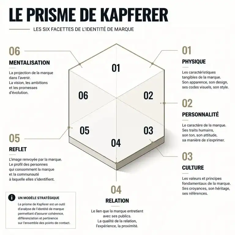 Schéma illustrant les six facettes du prisme de Kapferer pour l'identité de marque